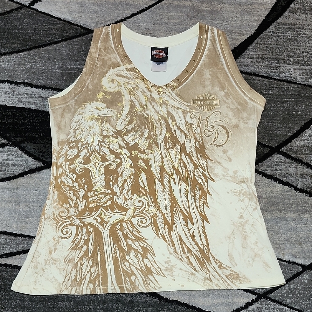 HARLEY DAVIDSON STUDDED GOLD SHINE EAGLE & SWORD V-NECK TANK-TOP